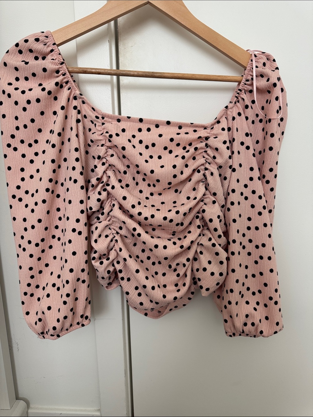 Francesca's Collections Pink Polka Dot Ruched Blouse